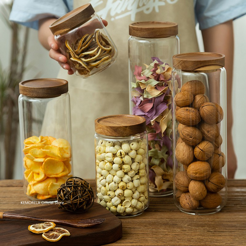 Food Storage Jars With Wooden Lids - Drewniana pokrywka Szklany hermetyczny kanister Butelki
