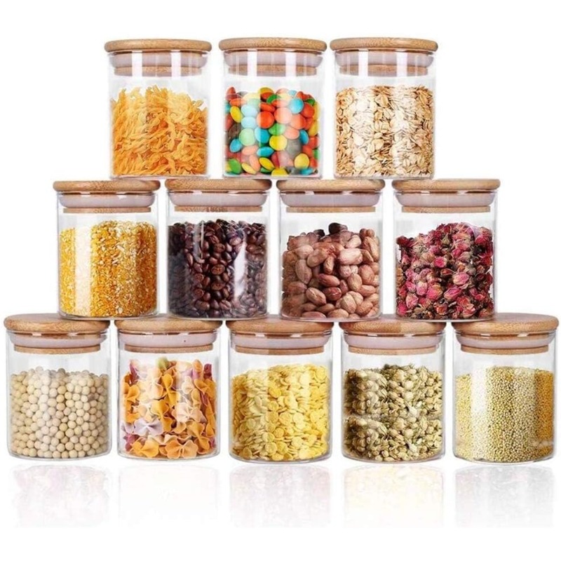 Food Storage Glass Containers Large - Zestaw 12 szklanych słoików z bambusowymi,