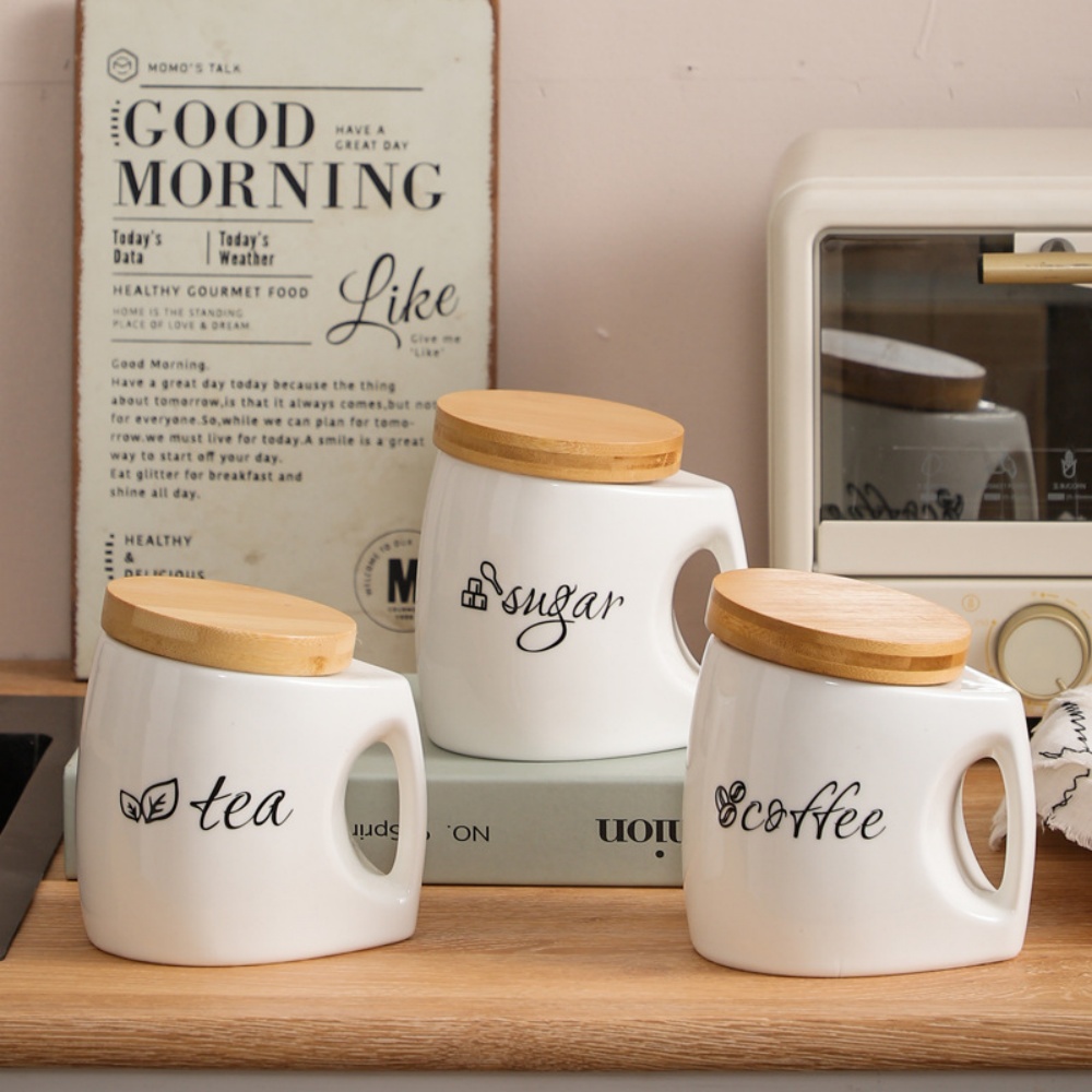 Food Storage Jars With Wooden Lids - Ceramiczny pojemnik do przechowywania z bambusową